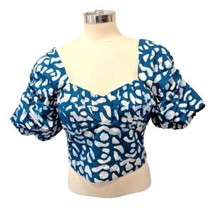 Sika Printed V-neck Crop Top Zip Back Puff Sleeve Size 10‎ EUC
